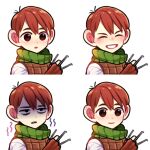  1boy ^_^ annoyed armor between_fingers brown_gloves chilchuck_tims closed_eyes closed_mouth dungeon_meshi gloves green_scarf halfling hand_up happy holding holding_stick korean_commentary leather_armor male_focus multiple_views mungzzi_pic open_mouth red_hair scared scarf shirt short_hair simple_background smile stick surprised trembling variations white_background white_shirt 
