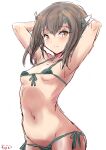  1girl arms_behind_head bikini breasts brown_eyes brown_hair commentary_request cowboy_shot front-tie_bikini_top front-tie_top fuji_(pixiv24804665) green_bikini headband highres kantai_collection micro_bikini short_hair short_hair_with_long_locks side-tie_bikini_bottom simple_background small_breasts smile solo swimsuit taihou_(kancolle) white_background 