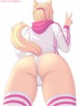  1girl animal_ears ass blonde_hair cat_ears cat_girl cat_tail commentary english_commentary from_behind from_below hand_up highres hood hoodie long_hair long_sleeves nottytiffy original panties patreon_username ponytail simple_background solo tail thighhighs thighs tiffy_(nottytiffy) underwear v white_background white_panties white_thighhighs 