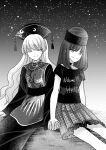  2girls absurdres animal_print bangs bare_shoulders belt bird_print bow bowtie breasts chinese_clothes choker closed_eyes closed_mouth clothes_writing commentary_request crescent dress eyebrows_visible_through_hair gradient gradient_sky greyscale hair_between_eyes hat heart heart_print hecatia_lapislazuli highres junko_(touhou) long_hair long_sleeves looking_to_the_side medium_breasts medium_hair monochrome multiple_girls night night_sky off-shoulder_shirt off_shoulder phoenix_crown phoenix_print plaid plaid_skirt polos_crown pom_pom_(clothes) shirt short_sleeves sitting skirt sky smile star_(sky) starry_sky t-shirt tabard takamiya_nanase touhou underworld_(ornament) vest wide_sleeves yuri 