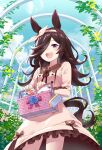  1girl ;d animal_ears basket brown_coat casual coat from_below hair_over_one_eye hairband holding holding_basket horse_ears horse_girl long_hair long_sleeves looking_at_viewer makurabe_shouma one_eye_closed purple_eyes rice_shower_(umamusume) smile solo twitter_username umamusume white_hairband 