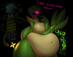 anthro anthro_pred anthro_prey belly big_belly breasts chubby_female dialogue digestion digestion_noises duo english_text featureless_breasts female female_pred generation_4_pokemon generation_5_pokemon hi_res imminent_vore looking_at_another male male_prey nintendo overweight overweight_female pokemon pokemon_(species) remn_the_shinx remnartx rumbling_stomach shinx shorter_male size_difference smaller_male smile smug snavi_the_snivy snivy starstrikex taller_female teasing text thick_thighs vore wide_hips