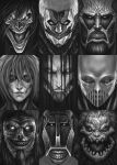  1girl 6+boys armored_titan beast_titan black_hair blonde_hair cart_titan colossal_titan exposed_muscle facial_hair female_titan founding_titan giant glowing glowing_eyes greyscale grin helm helmet jaw_titan long_hair monochrome multiple_boys no_skin odwon rogue_titan sharp_teeth shingeki_no_kyojin smile teeth titan titan_(shingeki_no_kyojin) war_hammer_titan 