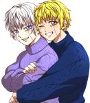  2boys aged_up blonde_hair brothers casual commentary_request gash_bell grin hakubi_roka01 highres hug hug_from_behind konjiki_no_gash!! konjiki_no_gash!!_2 male_focus multiple_boys orange_eyes purple_eyes purple_sweater sharp_teeth siblings smile sweater teeth turtleneck turtleneck_sweater white_hair zeno_bell 