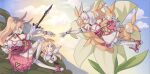  2girls bangs bianka_durandal_ataegina blonde_hair blue_eyes blue_sky cloud cloudy_sky cosplay crown dress flower full_body gloves halo homu_(honkai_impact) honkai_(series) honkai_impact_3rd mararu multiple_girls outdoors pink_dress pink_eyes pink_footwear polearm ponytail side_ponytail sky spear theresa_apocalypse theresa_apocalypse_(sakura_rondo) theresa_apocalypse_(sakura_rondo)_(cosplay) thighhighs weapon white_flower white_gloves white_hair white_legwear 