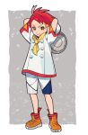  1boy border buttons closed_mouth commentary_request crispin_(pokemon) frying_pan full_body grey_background highres jacket looking_at_viewer male_focus orange_footwear pokemon pokemon_sv shoes short_sleeves shorts smile solo standing u2t5k2s5 white_border white_jacket white_shorts yellow_eyes 