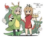  156m 2024 2girls animal animal_hood blue_eyes blush_stickers brown_hair china_dress chinese_clothes chopsticks crocodile crocodilian dragon dragon_hood dress dumpling fake_horns fake_tail food grey_hair hair_ornament hairclip hand_on_own_hip hand_up highres holding holding_plate hood hood_up horns long_hair looking_at_another multiple_girls open_mouth original panda plate red_dress saliva short_hair short_sleeves standing star-shaped_pupils star_(symbol) symbol-shaped_pupils tail translation_request white_background 