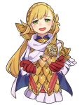  armor blonde_hair braid cape crown_braid feather_trim fire_emblem fire_emblem_heroes green_eyes haconeri looking_at_viewer open_mouth scale_armor sharena_(fire_emblem) 