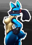 absurd_res anthro blue_body blue_fur breasts butt canid canine digital_media_(artwork) female fur generation_4_pokemon hi_res looking_at_viewer lucario mammal nintendo pokemon pokemon_(species) ppmp simple_background solo tail thick_thighs