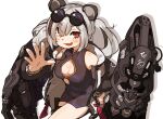  1girl amonitto animal_ears arknights black_dress blush breasts cleavage_cutout clothing_cutout coat covered_navel dress eyewear_on_head fang feater_(arknights) grey_hair groin hand_on_own_hip long_hair mechanical_arms medium_breasts multicolored_hair open_clothes open_coat open_mouth panda_ears red_eyes short_dress sleeveless sleeveless_dress solo streaked_hair sunglasses twintails waving white_background 