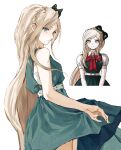  1girl bare_shoulders belt black_bow bow bowtie braid closed_mouth collared_shirt cropped_torso danganronpa_(series) danganronpa_2:_goodbye_despair dress from_side green_dress green_eyes hair_bow highres long_hair looking_at_viewer looking_to_the_side multiple_views red_bow red_bowtie shirt smile sonia_nevermind white_belt white_shirt yochilyee 