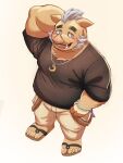  anthro blue_hair bottomwear bracelet clothing eyebrows footwear gouryou hair hi_res jewelry lifewonders ljhal2 male mammal musclegut necklace sandals shirt shorts solo suid suina sus_(pig) t-shirt thick_eyebrows tokyo_afterschool_summoners topwear tusks video_games wild_boar 