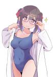  1girl absurdres adjusting_eyewear black_hair breasts covered_navel dressing glasses hair_ornament hair_ribbon highres lab_coat looking_at_viewer medium_breasts medium_hair multicolored_hair murairamuraiari one-piece_swimsuit onii-chan_wa_oshimai! orange_eyes oyama_mihari purple_hair ribbon simple_background solo sparkle sweatdrop swimsuit swimsuit_under_clothes twintails two-tone_hair white_background 