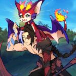 1:1 blue_body blue_scales bow_(disambiguation) demon dragon duo fire human humanoid invalid_tag kayn_(lol) league_of_legends lumikeii male mammal red_body red_scales riot_games scales scalie smile smolder_(lol) summoners_rift