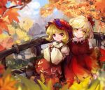  4girls aki_minoriko aki_shizuha apron autumn_leaves black_skirt blonde_hair blurry blurry_foreground collared_shirt fence fruit_hat_ornament grape_hat_ornament hair_ornament highres inubashiri_momiji jacket lake leaf_hair_ornament leaf_print long_sleeves looking_at_viewer mountainous_horizon multiple_girls red_apron red_eyes red_jacket red_skirt rope shameimaru_aya shide shimenawa shirt short_hair siblings sidaren sisters skirt skirt_hold touhou white_shirt wide_sleeves yellow_eyes 