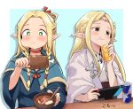 2girls :t aqua_background belt_pouch blonde_hair blue_capelet blue_robe blush boned_meat bowl braid brown_eyes can capelet cheek_bulge chewing choker circlet closed_mouth cross crossover drink_can drop_shadow dungeon_meshi edomae_elf eldali_ilma_fanomenel elf food food_bite food_on_face french_braid green_eyes hakama half_updo handheld_game_console holding holding_food holding_handheld_game_console hood hood_down hooded_capelet jacket japanese_clothes jewelry kimono long_hair long_sleeves looking_ahead magatama magatama_necklace marcille_donato meat multiple_girls necklace nintendo_switch outside_border pants parted_bangs parted_lips playing_games pointy_ears pouch robe sandals side_braid soda_can soup table tada_no_nasu upper_body white_jacket white_kimono white_pants 