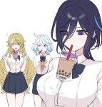  3girls :o ahoge alternate_costume blonde_hair blue_eyes blue_hair blue_skirt breasts bubble_tea bubble_tea_challenge clorinde_(genshin_impact) cowboy_shot cup disposable_cup drill_hair drill_sidelocks drinking drinking_straw flat_chest furina_(genshin_impact) genshin_impact highres large_breasts long_hair miniskirt mochi_mochi052 mouth_hold multiple_girls navia_(genshin_impact) no_headwear open_mouth pleated_skirt purple_hair school_uniform sidelocks simple_background skirt standing upper_body very_long_hair white_background 