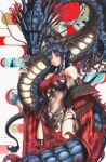  1girl 2024 absurdres arknights bare_shoulders blue_hair ch&#039;en_(arknights) china_dress chinese_clothes covered_navel dragon dragon_girl dragon_horns dragon_print dragon_tail dress eastern_dragon elbow_gloves fur-tipped_tail gloves hand_on_own_hip happy_new_year highres horns long_hair massabou2 pelvic_curtain red_dress side_slit sleeveless sleeveless_dress tail 