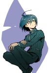  1boy absurdres ahoge brown_eyes buttons closed_mouth danganronpa_(series) danganronpa_v3:_killing_harmony double-breasted green_jacket green_pants highres jacket long_sleeves male_focus pants purple_background saihara_shuichi shoes short_hair solo striped striped_jacket white_background youko-shima 