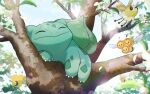  animal_focus bulbasaur cha_kuro_(limo) claws closed_eyes combee cutiefly day flower in_tree no_humans nostrils outdoors petals pokemon pokemon_(creature) smile tree white_flower white_petals 