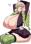  1girl ? arms_up belt blush braid breasts closed_mouth collar collared_shirt commentary_request demon_slayer_uniform gradient_hair green_eyes green_hair green_thighhighs highres huge_breasts invisible_chair japanese_clothes kanroji_mitsuri kimetsu_no_yaiba komusou_(jinrikisha) long_hair long_sleeves looking_at_viewer mole mole_under_eye multicolored_hair multiple_braids nipples open_clothes pink_hair pleated_skirt shirt simple_background sitting skindentation skirt smile solo thighhighs thighs white_background white_belt 