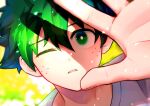  1boy boku_no_hero_academia green_eyes green_hair hand_focus looking_at_viewer male_focus midoriya_izuku one_eye_closed open_mouth seoltang_(nitro_sugar) shirt short_hair white_shirt 