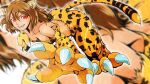  1girl animal_ears animal_hands ass blush breasts brown_hair cat_ears cheetah_ears cheetah_girl cheetah_tail claws cleavage grin highres killing_bites nakanishi_eruza red_eyes saboikku sharp_teeth short_hair small_breasts smile solo teeth 