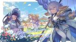  3girls ^_^ animal_ears anniversary arm_up bangs basket black_hair blonde_hair blunt_bangs bonnet cape closed_eyes closed_mouth cloud company_name copyright day dress eyepatch field granblue_fantasy grass harvin holding holding_umbrella long_hair long_sleeves looking_at_viewer lunalu_(granblue_fantasy) mahira_(granblue_fantasy) medical_eyepatch multiple_girls off-shoulder_dress off_shoulder official_art open_mouth outdoors pelvic_curtain pointy_ears smile symbol-shaped_pupils thighhighs twintails umbrella v-shaped_eyebrows wamdus_(granblue_fantasy) wavy_mouth white_dress white_legwear 