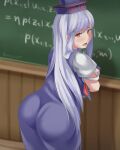  1girl against_chalkboard ass blue_dress blue_hair blush brown_eyes chalkboard commentary_request dress embarrassed equation from_behind hat highres kamishirasawa_keine leaning leaning_forward long_hair looking_back open_mouth pantylines ray_co99 solo sweatdrop touhou twitter_username very_long_hair 