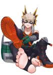  1boy bakugou_katsuki black_bodysuit black_mask blonde_hair bodysuit boku_no_hero_academia boots feet freckles highres looking_at_another male_focus multiple_boys red_eyes seoltang_(nitro_sugar) shoes short_hair simple_background solo spiked_hair teeth toes white_background 