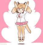  1girl animal_ears arms_up brown_hair cat_ears cat_girl cat_tail coroha elbow_gloves extra_ears full_body gloves jumping kemono_friends kemono_friends_3 long_hair looking_at_viewer necktie pink_background puma_(kemono_friends) shirt shoes simple_background skirt solo tail thighhighs twintails 