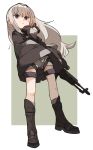  1girl amonitto an-94 an-94_(girls&#039;_frontline) assault_rifle black_coat black_eyes black_footwear boots closed_mouth coat coat_on_shoulders floating_hair girls&#039;_frontline gloves grey_hair gun holding holding_gun holding_weapon jacket jacket_on_shoulders long_hair looking_at_viewer respirator rifle shorts sidelocks solo standing thigh_strap weapon white_shorts wind 