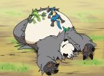 96_gatefield anthro belly belly_up big_belly claws exhausted generation_3_pokemon generation_4_pokemon generation_6_pokemon grovyle hi_res leaf lucario lying male nintendo on_back on_front overweight overweight_anthro overweight_male pangoro pawpads paws pokemon pokemon_(species) resting resting_on_belly size_difference smaller_male soft_belly
