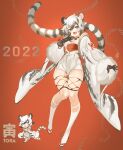  1girl 2022 absurdres animal_ears ass_visible_through_thighs bell black_gloves black_hair blue_eyes breasts chibi chinese_zodiac choker cleavage covered_navel english_text eyebrows_visible_through_hair eyelashes fang fingernails fur-trimmed_sleeves fur_trim gloves hair_between_eyes highres jacket japanese_clothes kimono long_eyelashes long_fingernails medium_hair multicolored_hair neck_bell open_clothes open_jacket open_mouth original red_choker running sharp_fingernails shiny shiny_skin shio_(oxstl) skin_fang skindentation sleeves_past_fingers sleeves_past_wrists smile tail tiger_ears tiger_girl tiger_tail white_choker white_hair white_legwear year_of_the_tiger 
