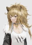  1girl animal_ear_fluff animal_ears arknights bangs black_choker black_jacket blonde_hair breasts choker cleavage closed_mouth collarbone eyebrows_visible_through_hair fur-trimmed_jacket fur_trim highres jacket lion_ears long_hair looking_at_viewer medium_breasts open_clothes open_jacket shirt siege_(arknights) simple_background solo upper_body wh1te white_shirt yellow_eyes 