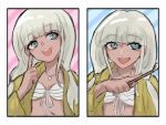  1girl :d bead_necklace beads blunt_bangs danganronpa_(series) danganronpa_v3:_killing_harmony dark-skinned_female dark_skin grey_eyes grey_hair hand_up highres holding index_finger_raised jacket jewelry long_hair long_sleeves looking_at_viewer low_twintails multiple_views necklace open_clothes open_jacket shell shell_necklace shuixian smile twintails upper_body yonaga_angie 