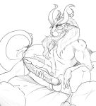 animal_humanoid anthro bedding big_penis black_and_white dracora dragon dragon_humanoid eyebrows genitals hair holding_penis humanoid long_hair long_penis male monochrome penis pillow sea_pupper simple_background sir_baltasar sketch sketchy solo tail thick_eyebrows