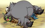 96_gatefield anthro belly big_belly butt claws feet generation_3_pokemon generation_4_pokemon generation_6_pokemon grovyle hi_res leaf lucario lying male nintendo on_front on_top overweight overweight_anthro overweight_male pangoro pawpads paws pokemon pokemon_(species) size_difference smaller_male smothering soft_belly under_belly