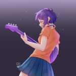  1girl alternate_costume black_background black_skirt blush boku_no_hero_academia choker closed_eyes from_behind green_tea_(lovelygreenteaa) guitar highres holding holding_guitar holding_instrument instrument jirou_kyouka miniskirt orange_shirt pleated_skirt purple_choker purple_hair shirt short_hair skirt solo 