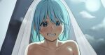  1girl aqua_(konosuba) blue_eyes blush cloud collarbone green_hair grin hair_between_eyes izawa_(bhive003) kono_subarashii_sekai_ni_shukufuku_wo! long_hair moonlight shiny_skin smile solo teeth veil 