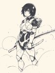  1girl armor arms_at_sides black_hair closed_mouth debris desorienter dust_cloud eyelashes glaring glowing glowing_sword glowing_weapon legs looking_at_viewer neck nose original rienna_(desvitio) scabbard sheath short_hair solo sword weapon 