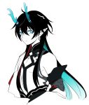  1boy aethervox aqua_eyes aqua_hair aqua_horns arms_at_sides bare_shoulders black_hair bright_pupils cleavage_cutout closed_mouth clothing_cutout colored_inner_hair commentary_request cowlick cropped_torso dan_heng_(honkai:_star_rail) dan_heng_(imbibitor_lunae)_(honkai:_star_rail) earrings expressionless eyeliner hair_between_eyes honkai:_star_rail honkai_(series) horns jewelry long_hair looking_at_viewer makeup male_focus multicolored_hair partially_colored pointy_ears red_eyeliner simple_background solo split_mouth translucent_horns upper_body white_background white_pupils 