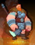  1boy armor axe bara battle_axe beard chainmail copyright_request facial_hair fl_(l-fl) from_side full_beard full_body hair_tattoo holding holding_axe large_hands large_pectorals long_mustache looking_at_viewer male_focus mature_male medieval muscular muscular_male official_art orange_hair pectorals sidepec solo thick_arms thick_eyebrows viking weapon 