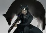  1boy animal_ears black_eyes black_hair comparison emiya_kiritsugu ethfinch fate/zero fate_(series) from_above frown gun highres holding holding_gun holding_weapon kemonomimi_mode looking_at_viewer on_one_knee rifle serious sniper_rifle solo suit trait_connection tsurime weapon wolf_ears 