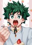  bakugou_katsuki blonde_hair bodysuit boku_no_hero_academia cake food freckles fruit green_eyes green_hair highres holding holding_spoon male_focus midoriya_izuku open_mouth seoltang_(nitro_sugar) shirt short_hair spiked_hair spoon strawberry teeth tongue tongue_out white_shirt 