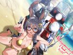  1girl animal_ears badluck2033 beach bikini black_hair blue_eyes blurry blurry_background blush braid breasts cleavage collarbone commentary_request commission crown_braid gold_bikini hair_ornament horse_ears horse_tail large_breasts long_hair looking_at_viewer motor_vehicle motorcycle navel ocean pointing pointing_at_viewer sand side_braid skeb_commission solo swimsuit tail umamusume v zenno_rob_roy_(umamusume) 