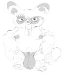  2022 ailurid anthro balls beard big_balls clothed clothing digital_media_(artwork) dreamworks eyebrows facial_hair genitals goatee kung_fu_panda looking_at_viewer male mammal master_shifu mature_male moist_mommy monochrome moobs mustache nipples partially_clothed penis pubes raised_eyebrow red_panda small_penis smile solo 