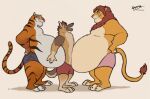 anthro belly belly_press belly_squish belly_to_belly between_bellies big_belly bottomwear canid canine clothing disney eye_contact felid group hands_on_belly hands_on_hips kaiipwilde_(artist) lion looking_at_another lying male mammal on_front overweight overweight_anthro overweight_male pantherine pinned shadow shorts simba_(the_lion_king) size_difference smaller_male smile soft_belly squish standing tail the_lion_king tiger tiger_dancer_(zootopia) zootopia