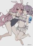  2girls :o :q @_@ ahoge animal_ears bare_arms bare_legs barefoot bikini blue_one-piece_swimsuit blunt_bangs blush braid braided_bun clenched_hand collarbone competition_swimsuit cup eversoul flat_chest food frilled_bikini frills hair_bun hamuzi2 highres holding holding_cup ice_cream index_finger_raised long_hair looking_at_viewer midriff multiple_girls navel neck_ribbon one-piece_swimsuit one_eye_closed petra_(eversoul) pink_hair pink_pupils purple_eyes purple_hair rabbit_ears rabbit_girl red_eyes ribbon signature soonie_(eversoul) sundae swimsuit thigh_strap tongue tongue_out twintails white_background 