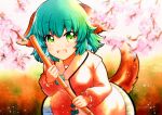  1girl :d animal_ears bamboo_broom bangs blurry blush broom cherry_blossoms day depth_of_field eyebrows_visible_through_hair green_eyes green_hair happy highres holding holding_broom kasodani_kyouko long_sleeves open_mouth outdoors overexposure puffy_long_sleeves puffy_sleeves qqqrinkappp smile solo tail touhou 